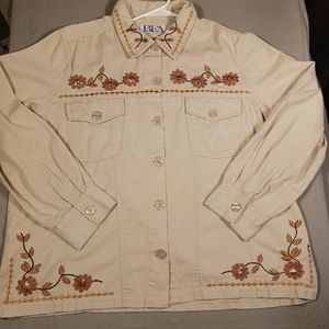 BFA classics Tan Jacket Shirt embroidered Dlowers Button Down Missy XL